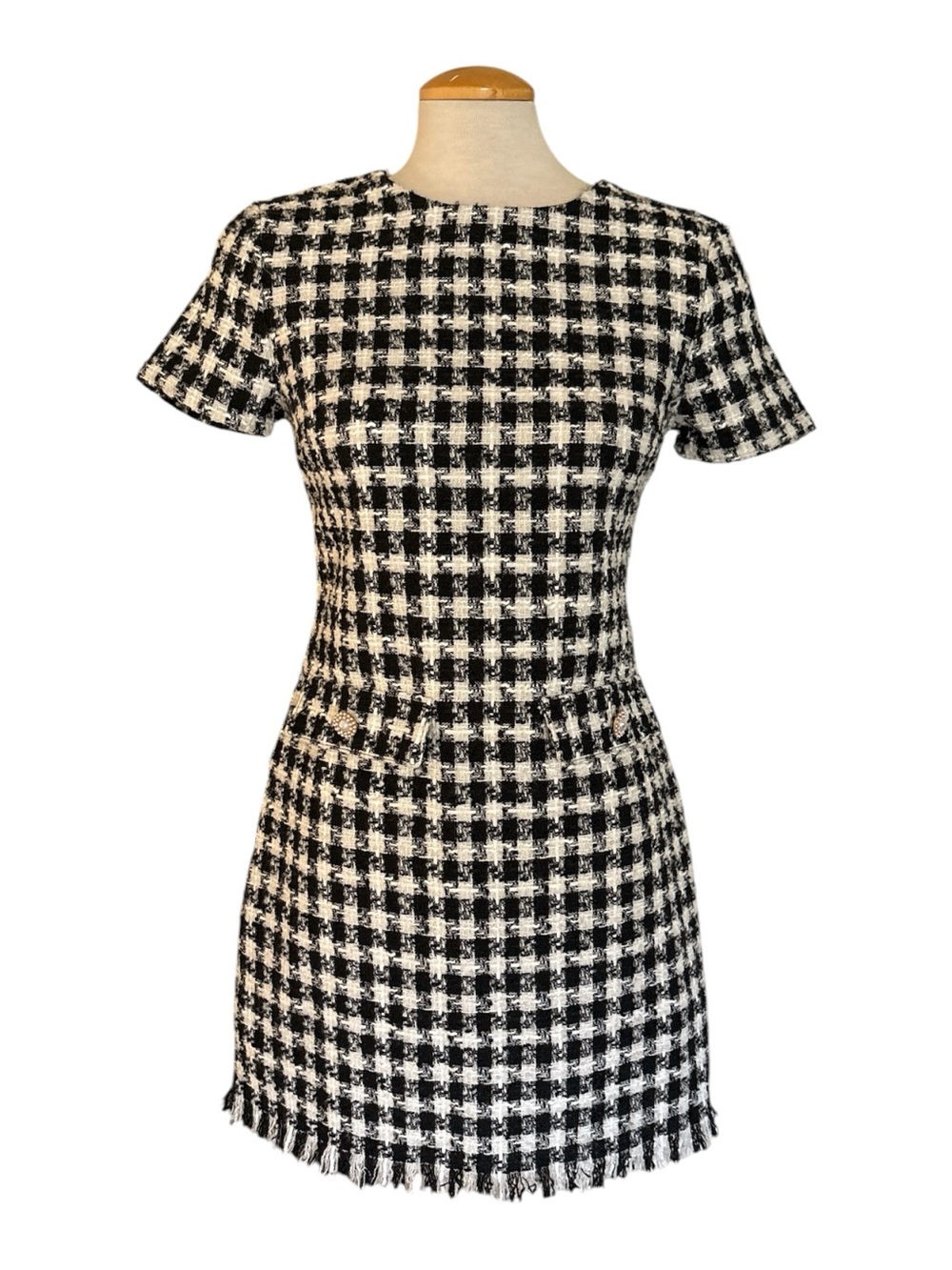 BeBop Black & White Houndstooth Tweed Mini Dress with pearl buttons